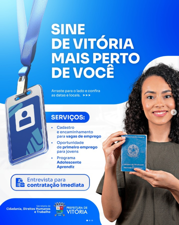 Sine nos Bairros Sine de Vitória mais perto de Vitória estará em São Pedro nesta quarta-feira (04)