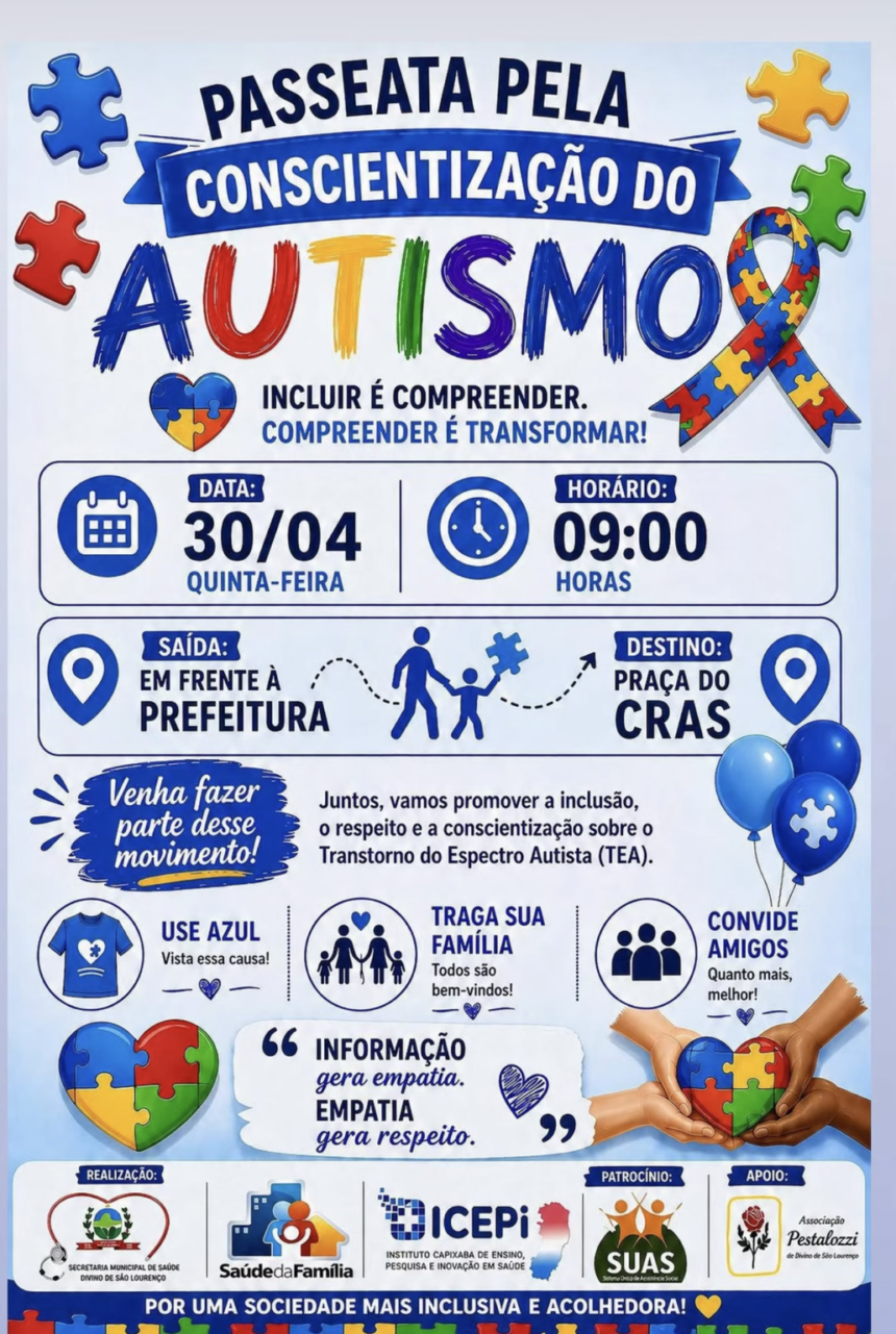 Divino de São Lourenço promove caminhada pela conscientização do autismo nesta quinta-feira (30)