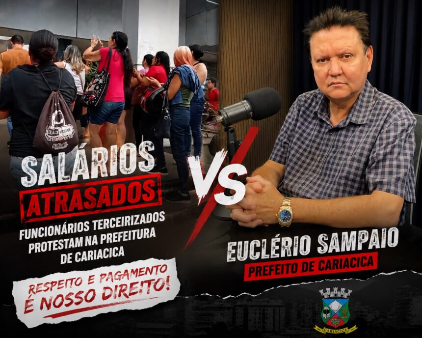 Falta de pagamento faz funcionários terceirizados manifestarem na porta da Prefeitura de Cariacica contra o prefeito Euclério Sampaio